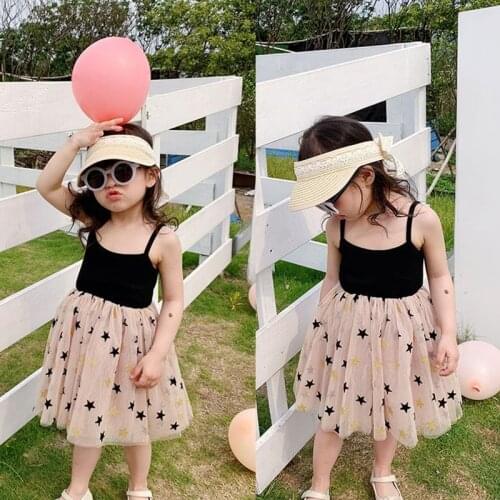 Little Girls Dress Summer Sling Cotton Holiday Dresses Star Glitter Pleat Tutu Dresses 3 Year Birthday Party Dress Kids Children