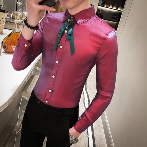 British Style Luxury Shine Shirt Men Fashion Slim Fit Mens Casual Shirts Long Sleeve Streetwear Solid Night Club Tuxedo Dress