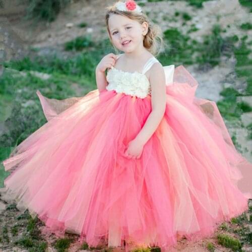 Little Girls Pink Tutu Dress Kids Fluffy Tulle Dress Ball Gown with Ivory Flowers Hairbow Children Birthday Party Costume Dress