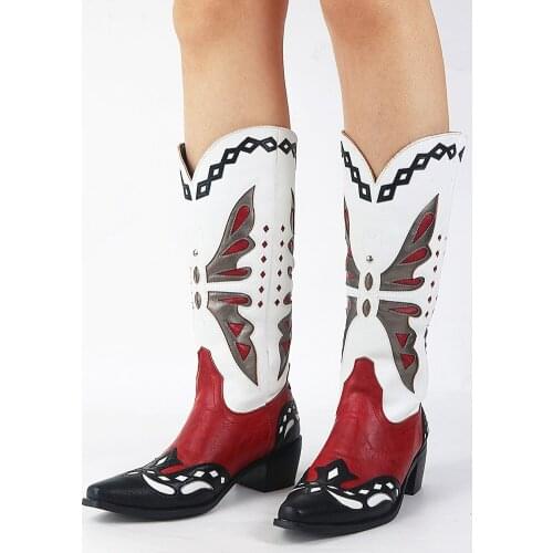 SARAIRIS Fashion Mid-calf Mixed-color Slip-on Women Shoes Embroider Square Heel Comfy Modern Western Boots