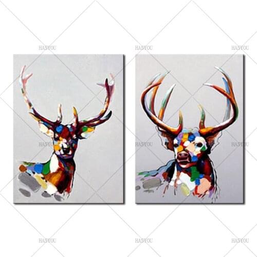 Modern Abstract Oil Painting Animal Art Pictures Set Handpainted Colorful Lovely Deer Canvas For Home Decoration Living Room