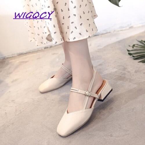 PU Leather Mid heels Beige pumps women shoes 2019 Summer shoes women Fashion Square Toe Buckle Strap Casual sandals women