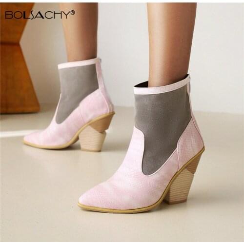 Women Wedge Splicing Material Pointed Toe Western Cowboy Boots Female Ankle boots Zip High Heels Shoes Lady 2020 Autumn Winter