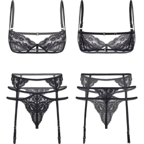 Womens Lace Sissy Lingerie Suit Shoulder Strap Underwired Unlined Bra with Strappy G-string Underwear Panties Garter Belt