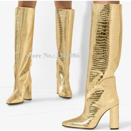 New Gold Color Crocodile Print Chunky Heel Knee High Boots Women Brand Design Thick Heel Lady Fashion Long Boots Dropship Winter