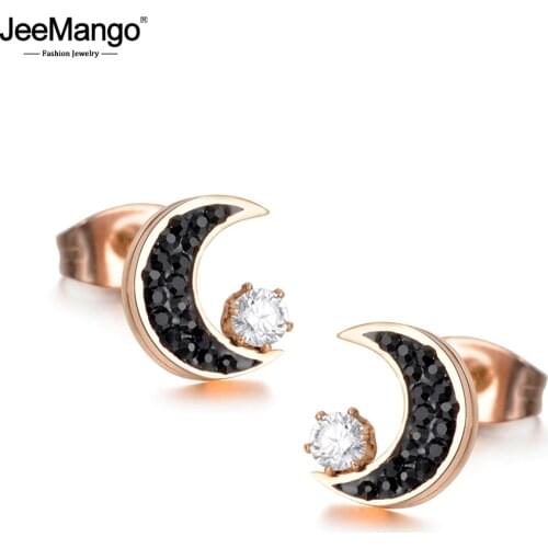JeeMango Classic Titanium Steel Rhinestone Moon Earrings Jewelry Rose Gold Color Cubic Zirconia Stud Earring For Women JE18011