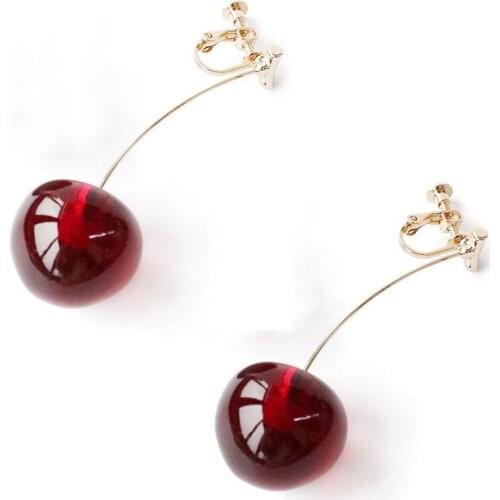 Clear Resin Cherry Earrings for Women Girl Gold Color Alloy Transparent Green Pink Purple Red Cherry Clip Earrings Party Jewelry