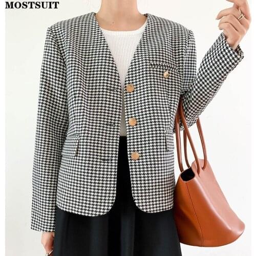 Houndstooth Elegant Women Blazer Coat 2021 Autumn Full Sleeve V-neck Single-breasted Suit Jacket Vintage Chic Ladies Suit Tops