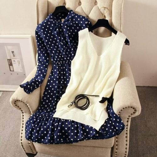 Womens Spring Autumn Dot Printed Shirt Dress + Sweater Vest Suit Chic Bow Knot Ruffled Knitted Tops Two Piece Set Outfit y1572