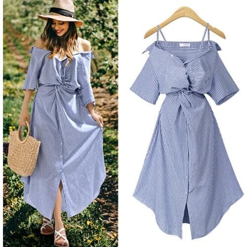 2021 Summer Women European Style Dresses Plus Size 4XL Asymmetricial Striped Female Vestidos Hollow Out Ladies Dress Street Robe