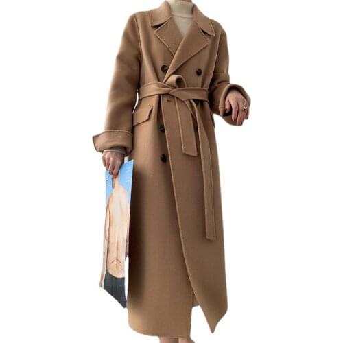 Women High Quality Woolen Coat Turn Down Collar Double Breasted Long Wool Coat Camel Women Warm Cashmere Coat Casaco Feminino