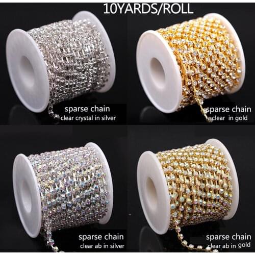 1Yard 10Yards/roll SS6-SS38 sew on glass crystal rhinestones chain sparse claw rhinestones trim cup chain apparel decoration