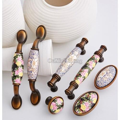 Vintage 10PCS European Retro Kitchen Door Handles Ceramic Printing Cupboard Wardrobe Cabinet Pulls Furniture Handles and Knobs