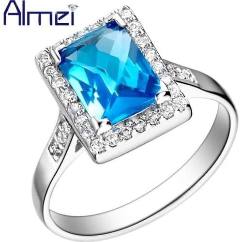 Almei 15% Pink Wedding Rings Silver Color Female Jewelry Women Purple Rainbow Ring Square Blue Zircon Bijoux Red Anel Gift J073