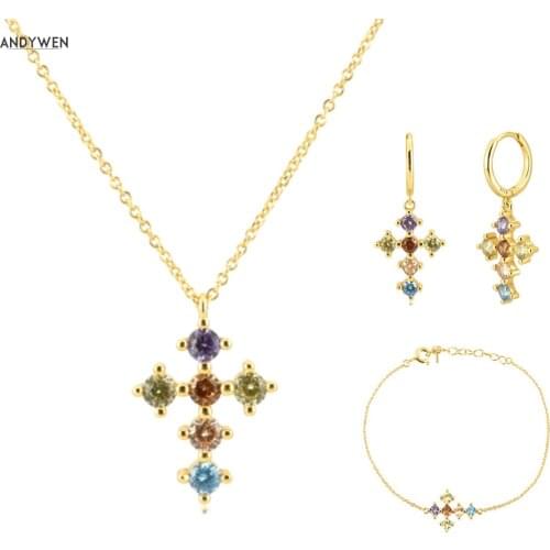 ANDYWEN 925 Sterling Silver Gold Rainbow Cross Zircon CZ Hoops Pendiente Piercing Ohrringe Bracelet Necklace Jewelry Set Luxury
