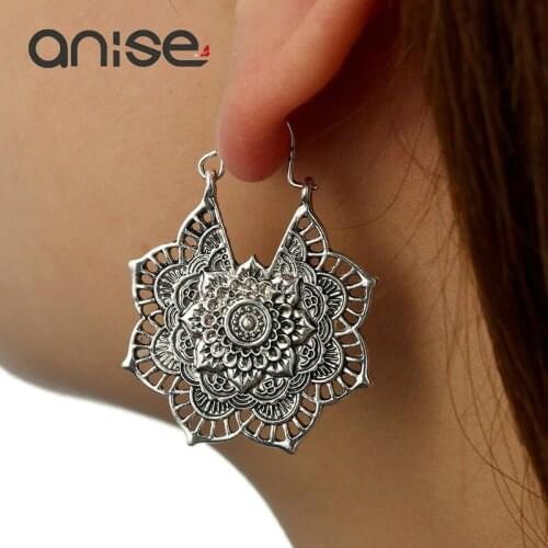 Anise Antique Gold Silver Color Hollow Flowers Hoop Earrings for Women Ethnic Carved Earring Trendy Party Brinco Indian Jewelry