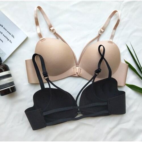 Women Sexy Double Shoulder Strap Front Buckle Bras Femme Adjustable Gathered Solid Color Wire Free Push Up Bra Bralette