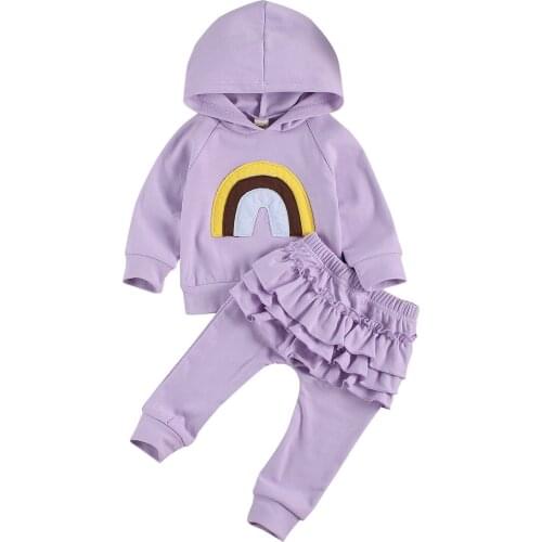 Childrens Two Piece Set Girls' Rainbow Pattern Long Sleeve Hoodie Boys Trousers with Pockets Toddlers Suit