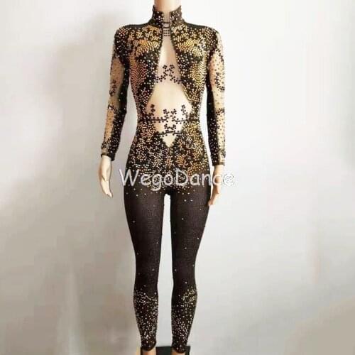 Hot Sale Women Clothing Glass Rhinestones Stretch Jumpsuit Gold Black Stones Bodysuit Birthday Celebrate Dance Leotard Clothes