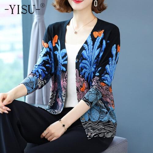 YISU Fashion crane print women Wool knitted cardigan sweater V-neck buttons short cardigan jumper Casual female ladies outwear