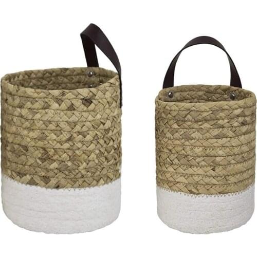 Seagrass Woven Storage Baskets Set of 2, Wall Hanging Baskets Organizer, Garden Plant Baskets, Brown+White