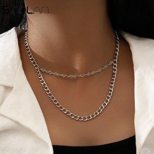 Sindlan Double Layer Punk Geometric SIlver Color Link Chain Pendant Necklace for Women Hip Pop Sexy Young Girl Fashion Jewelry