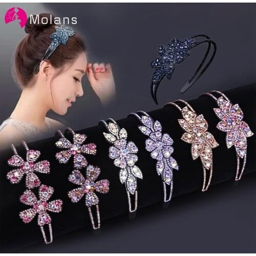Molans Sparkly Floral Rhinestones Headbands Luxurious Colors Korean Flower Crystals Hairbands for Women Non-slip Wide Headbands
