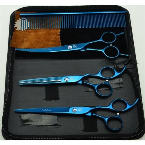 4Pcs Suit 7'' 19.5cm Blue Color Professional Hair Hairdressing Scissors Comb+ Cutting Shears + Thinning +UP Curved Shears Z3002L