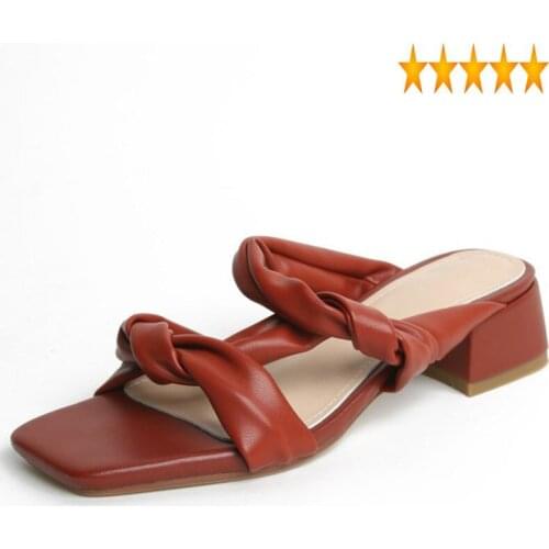 Square Vintage Summer Women Slippers Toe Mules Sandals Solid Color Genuine Leather Office Ladies Elegant Slides Sheepskin Sandal