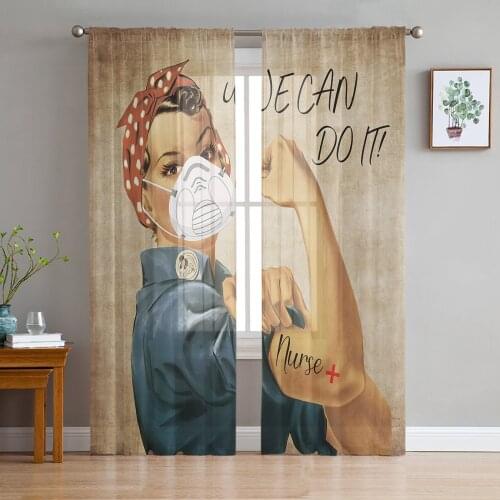 Retro American Country Woman Nurse Voile Tulle Sheer Curtains for Bedroom Living Room Kitchen Decor Window Curtain