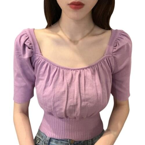 Korean Style Square Collar Tshirt Short Sleeve Women Summer Solid Color Casual Tee Shirt Tops