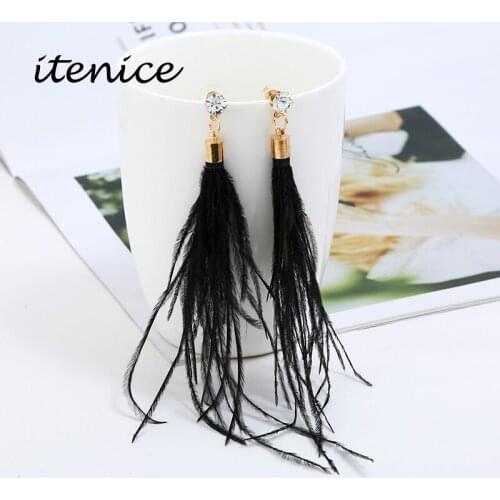 Bohemian Long Feather Earrings for Women Temperament Elegant Red Black Tassel Rhinestone Drop Dangle Earrings Mujer Moda Jewelry