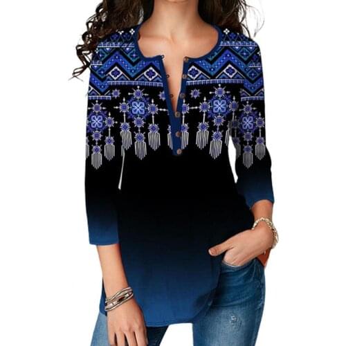 Women 3/4 Sleeve Gradient Color T-Shirts Polyester Fiber Ethnic Printing Tee Top T Shirt for Femme