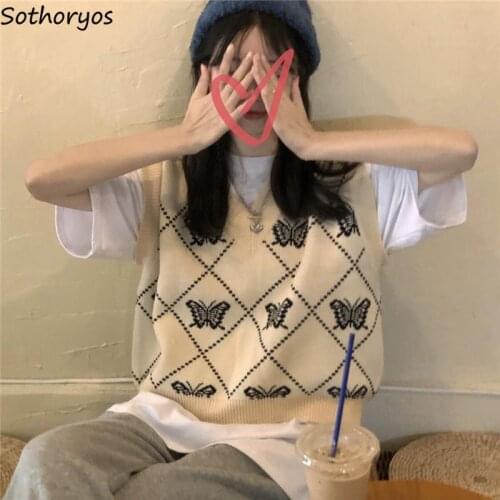 Women Sweater Vest Knitted Butterfly Pattern Students Harajuku V-neck Jumper Sleeveless Students All-match Loose Fashion Ulzzang