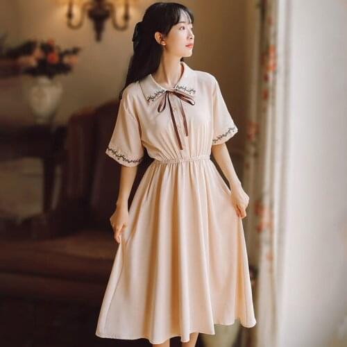 Dress Women Chiffon Bow Solid High Waist Turn-down Collar Preppy Style Kawaii Ulzzang Popular Temperament Girls Summer Holiday