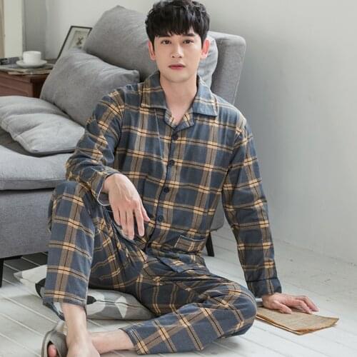 Winter 100% Cotton Pajamas Men Yellow Plaid Lounge Sleepwear Pijama Mans Warm Bedgown Home Clothes PJ Pure Cotton Pijama Hombre