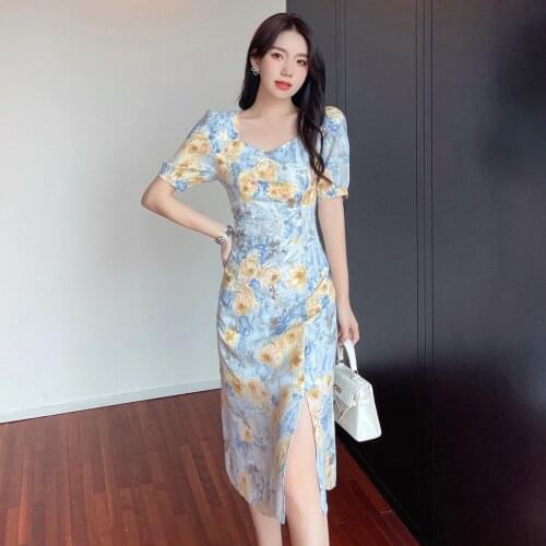 Celebrity Chiffon Floral Print Dress Female Summer French Retro Super Fairy Sweet Split A-line Dress