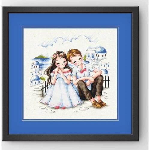 Gold Collection Lovely Counted Cross Stitch Kit Lovers in Santorini Boy and Girl Love SO