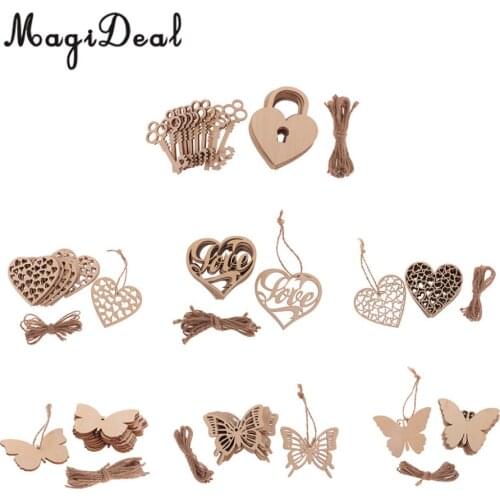 MagiDeal 10pcs/Lot Wooden Heart Butterfly Embellishment Tag with String Chirstams Trees Hanging Decor Wedding Party DIY Crafts