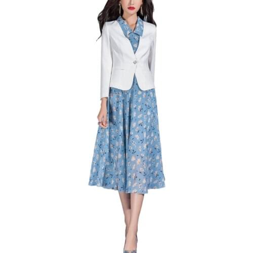 2021 Spring New Fashion Elegant White Blazer and Floral Dress Matching Clothing Set