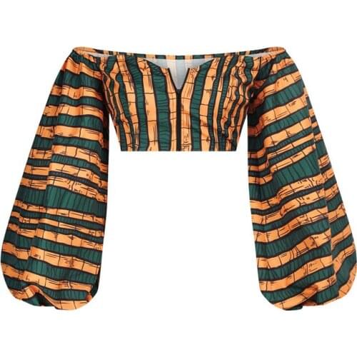 African Dashiki Striped Print Crop Top Women Sexy Off Shoulder Blouse Party African Dresses for Women Traditional Casual Outfits