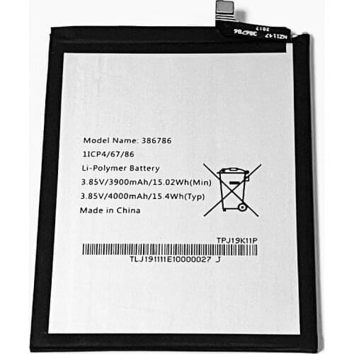 3.85V 4000mAh 386786 For Wiko View 4 Lite M2902 M2937 Battery