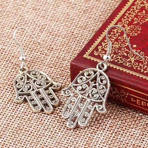 Antique Silver Plated Fatima Hand Earrings For Women Hollow Flower Drop Earring Statement Charm Dangle Eardrop Punk Ear Jewelry