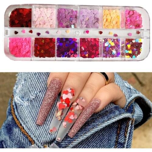 12 Grids Heart Nail Glitter Flakes 3D Laser Sweet Love Cross Paillette Sequins Holo Design DIY Nail Art Decoration Manicure
