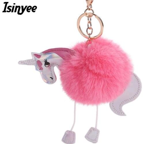 ISINYEE Cute Fluffy Unicorn Pom Pom Keychain Faux Rex Rabbit Fur Ball Leather Key Chains Women Bag Trinket Car Gold Key Holder