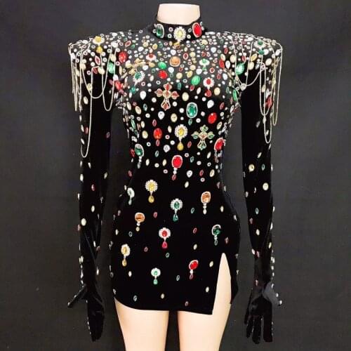 Black Velvet Dress Multi-color Rhinestones Wrap Hip Women Birthday Celebrate Prom Party Crystals Stage Wear Singer Sexy Costume