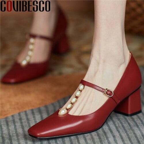 COVIBESCO Retro Concise Pearl T-Strap Women Pumps Spring Summer Genuine Leather Office Lady Party Toe High Heels Shoes Woman New