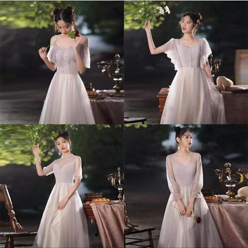 Bridesmaids Dresses Illusion Short V-Neck Spaghetti Straps Pearls Lace Tulle Floor-Length Vintage Women Wedding Party Gown E621