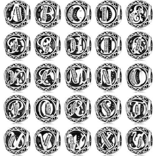 925 Sterling Silver Hollow Beads Letter A to Z trendy Womens Accessories Fit Original Charms Bracelets Jewelry Making