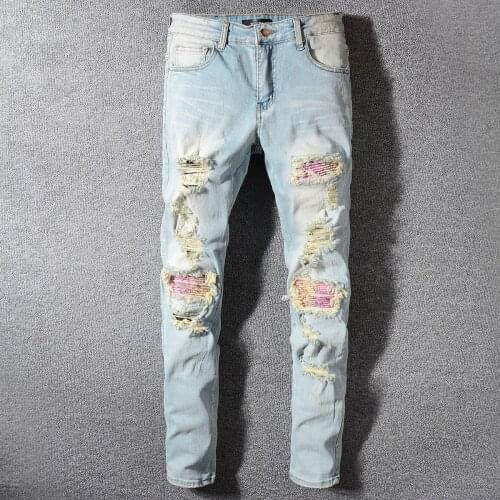 Streetwear Washed Pink Patch Light Blue Jeans Men Ripped Fashion Brand Slim Fit Denim Pants Trousers Big Size Hip Hop Jeans